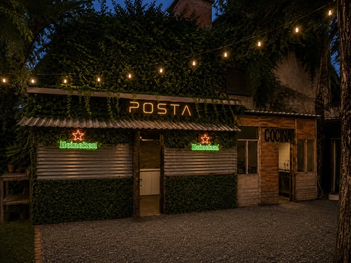 Fachada interior de POSTA cubierta de hiedra con luces cálidas