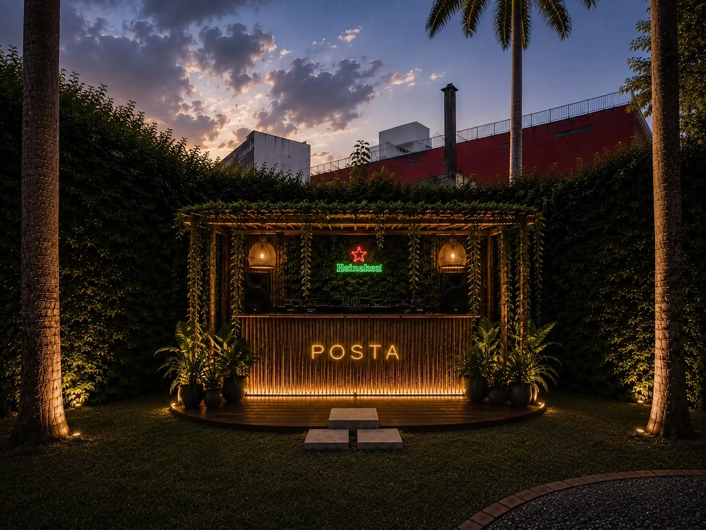 Cabina de DJ de POSTA en el jardín al atardecer entre palmeras