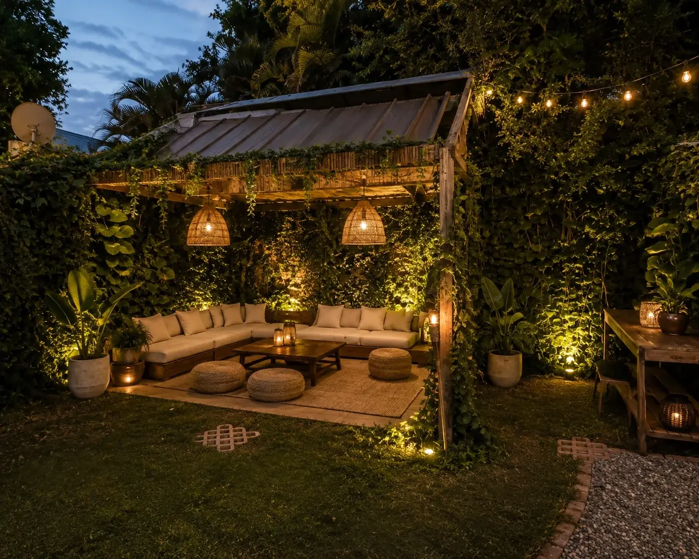 Sector lounge de POSTA bajo pérgola rodeado de plantas