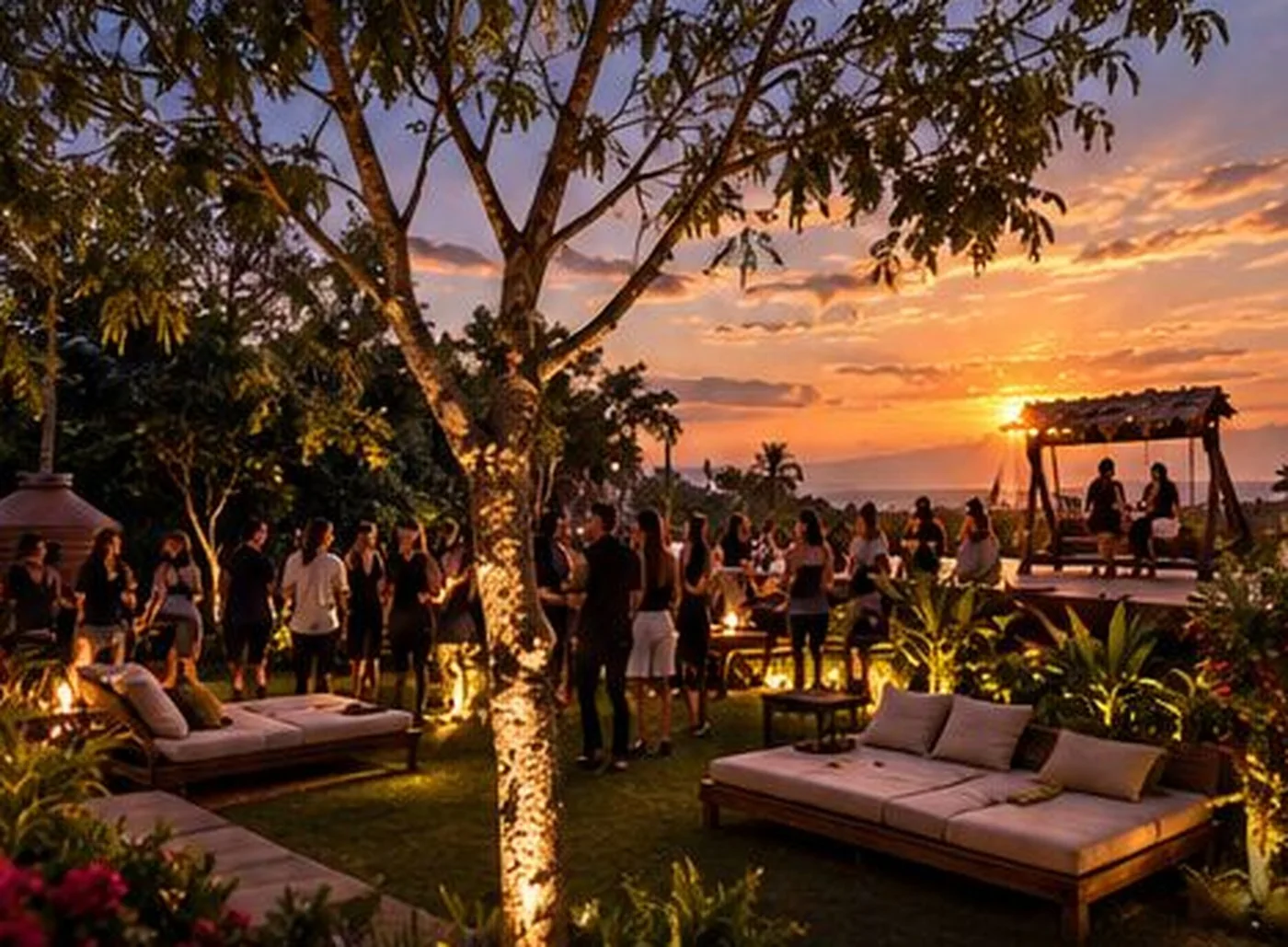 Render de POSTA San Bernardino: el lounge del jardín con vista al atardecer sobre el lago