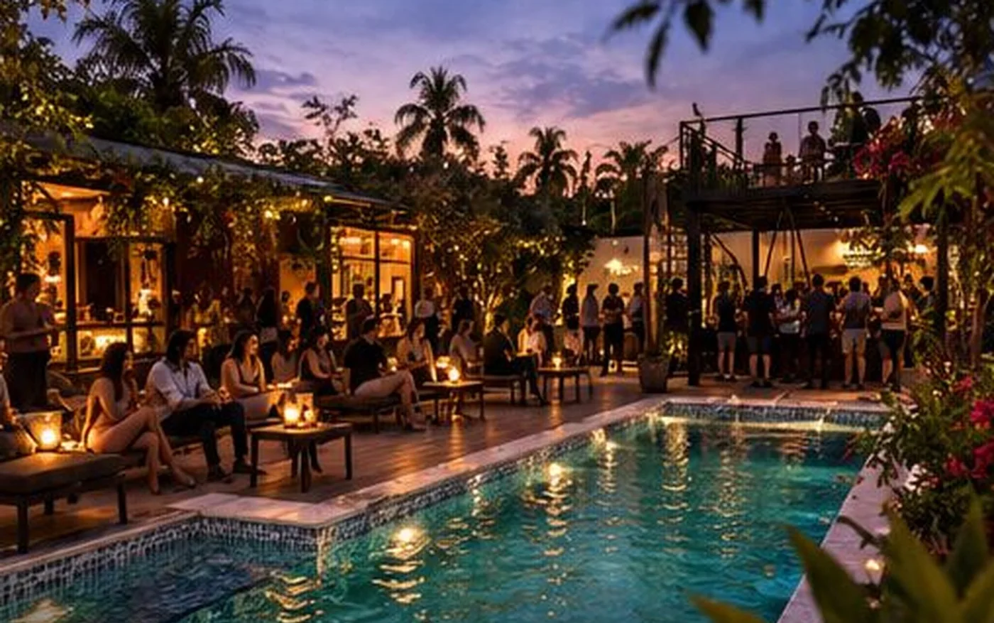 Render de POSTA San Bernardino: la piscina iluminada de noche, con el deck y el jardín alrededor